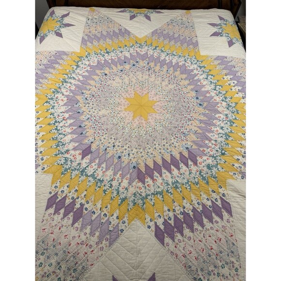 Antique Purple Lavender Yellow Lone Star Quilt Handmade Queen Size 80” X 77” - Picture 2 of 16